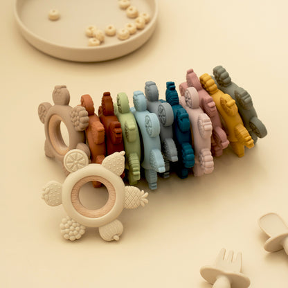 Silicone Teether with Wooden Ring, Baby Fruit Teething Toys BPA Free, Infant Chewing Toy for Boys Girls, Newborn Babies
