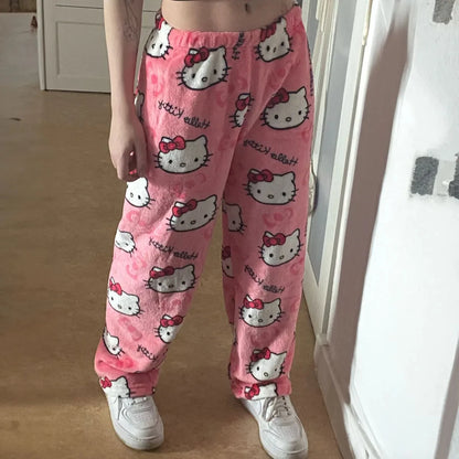 Home pajamas trousers casual set, pajamas cartoon couple walking, Hello Kitty pajamas anime women's lounge homewear