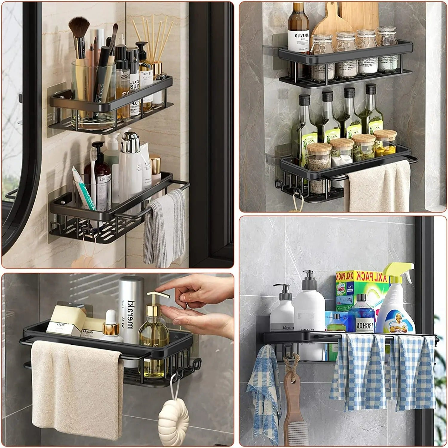 Wall Mounted Towel Rack Shower Shampoo Rack No Drill Tripod Corner Rectangular Bathroom Rack 3
