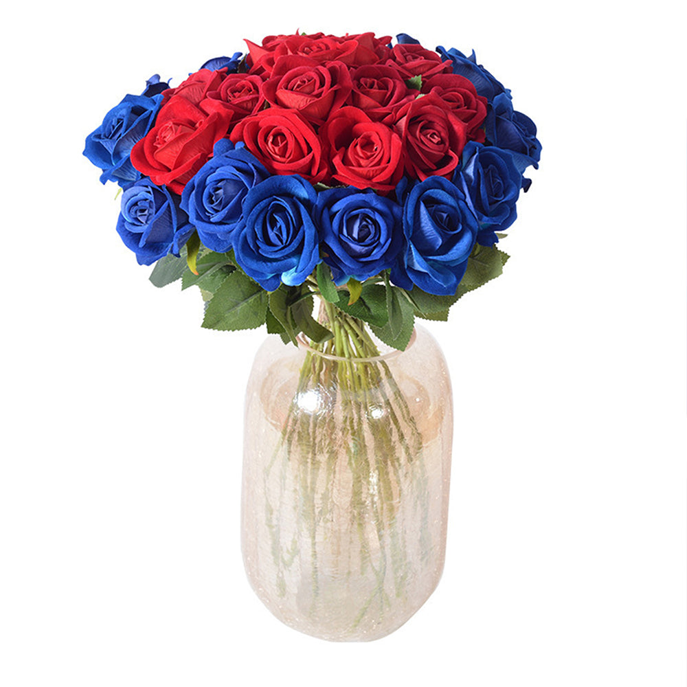 Realistic Velvet Artificial Blue Rose Bouquet, Faux Fake Flowers for Weddings, Home Decor Party Table Decor