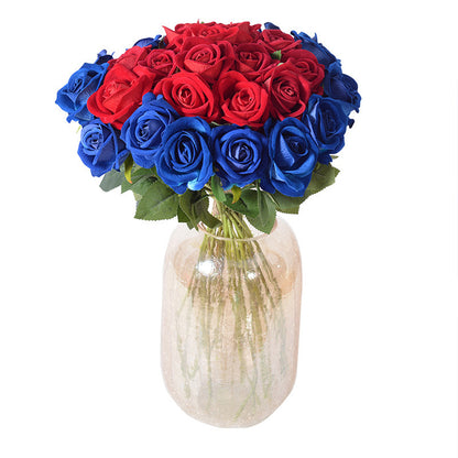 Realistic Velvet Artificial Blue Rose Bouquet, Faux Fake Flowers for Weddings, Home Decor Party Table Decor