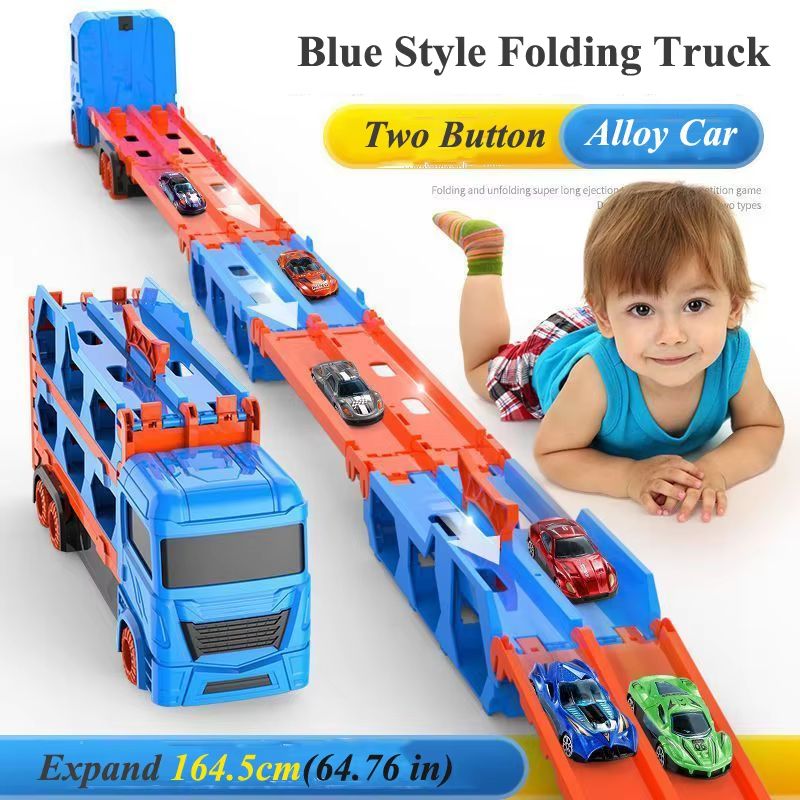 Large Car Transporter Truck With Folding Race Track And Alloy Cars For Kids