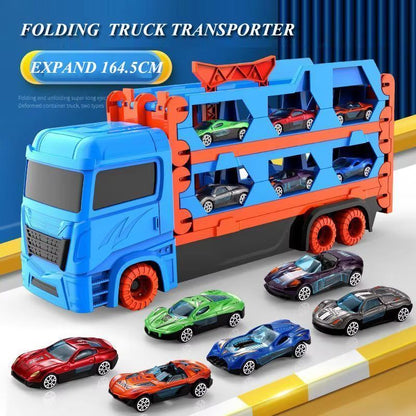 Large Car Transporter Truck With Folding Race Track And Alloy Cars For Kids 1