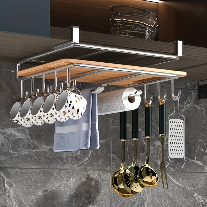 Stainless Steel Hanging Kitchen Storage Rack with Hooks, Paper Towel, and Utensils Holder, Cutting Board Shelf