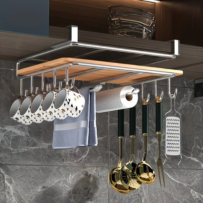 Stainless Steel Hanging Kitchen Storage Rack with Hooks, Paper Towel, and Utensils Holder, Cutting Board Shelf