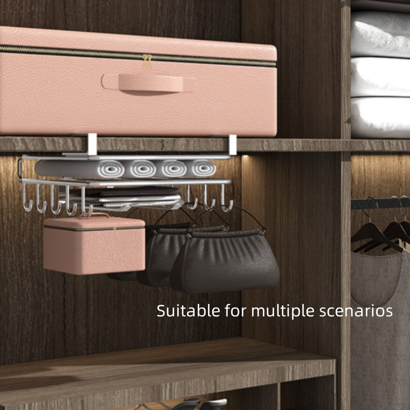 Stainless Steel Hanging Kitchen Storage Rack with Hooks, Paper Towel, and Utensils Holder, Cutting Board Shelf