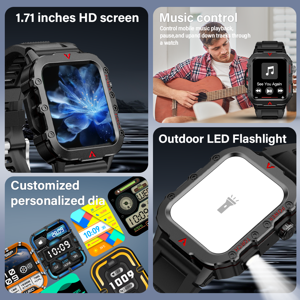 LED Flashlight Mens Smart Watch Health Monitoring Outdoor Sports Wristwatch 4