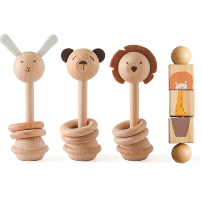 Newborn Rattle Teething Toys Baby Wooden Montessori Toys Cartoon Animal Rabbit Crocodile Blocks Woo 1