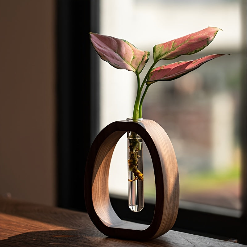 Mini Water-grown Vase, Creative Solid Wood Flower Utensil with Simple Glass Plant Insert
