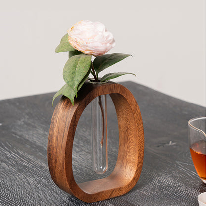 Mini Water-grown Vase, Creative Solid Wood Flower Utensil with Simple Glass Plant Insert