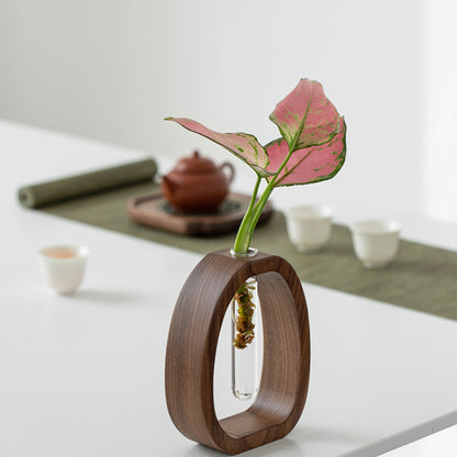 Mini Water-grown Vase, Creative Solid Wood Flower Utensil with Simple Glass Plant Insert