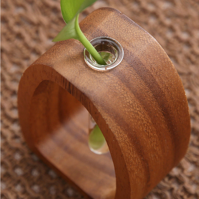 Mini Water-grown Vase, Creative Solid Wood Flower Utensil with Simple Glass Plant Insert