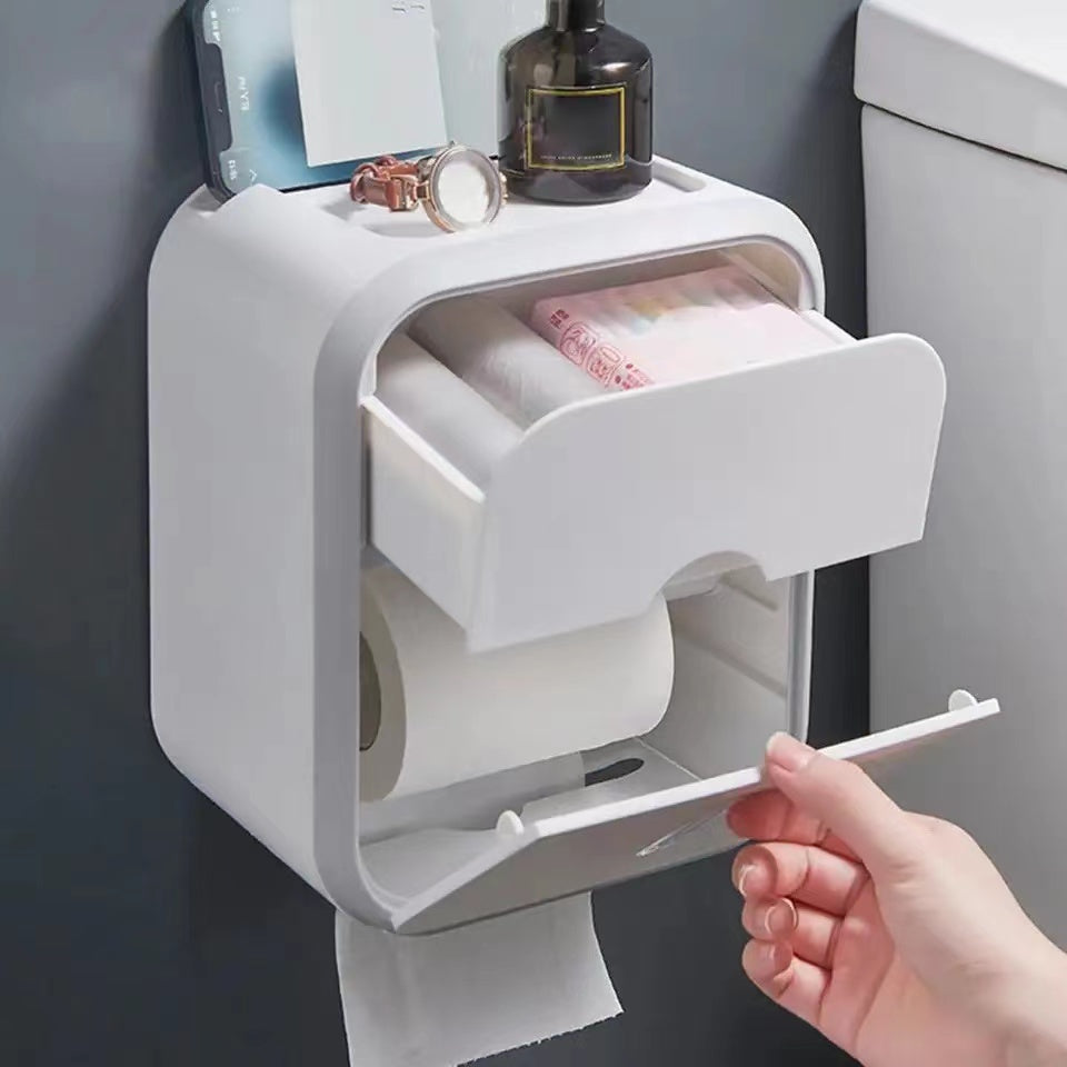 Waterproof Toilet Paper Storage Box Organizer, High Capacity, Dust-proof, Punch-free Wall Mounted for Bathroom Home