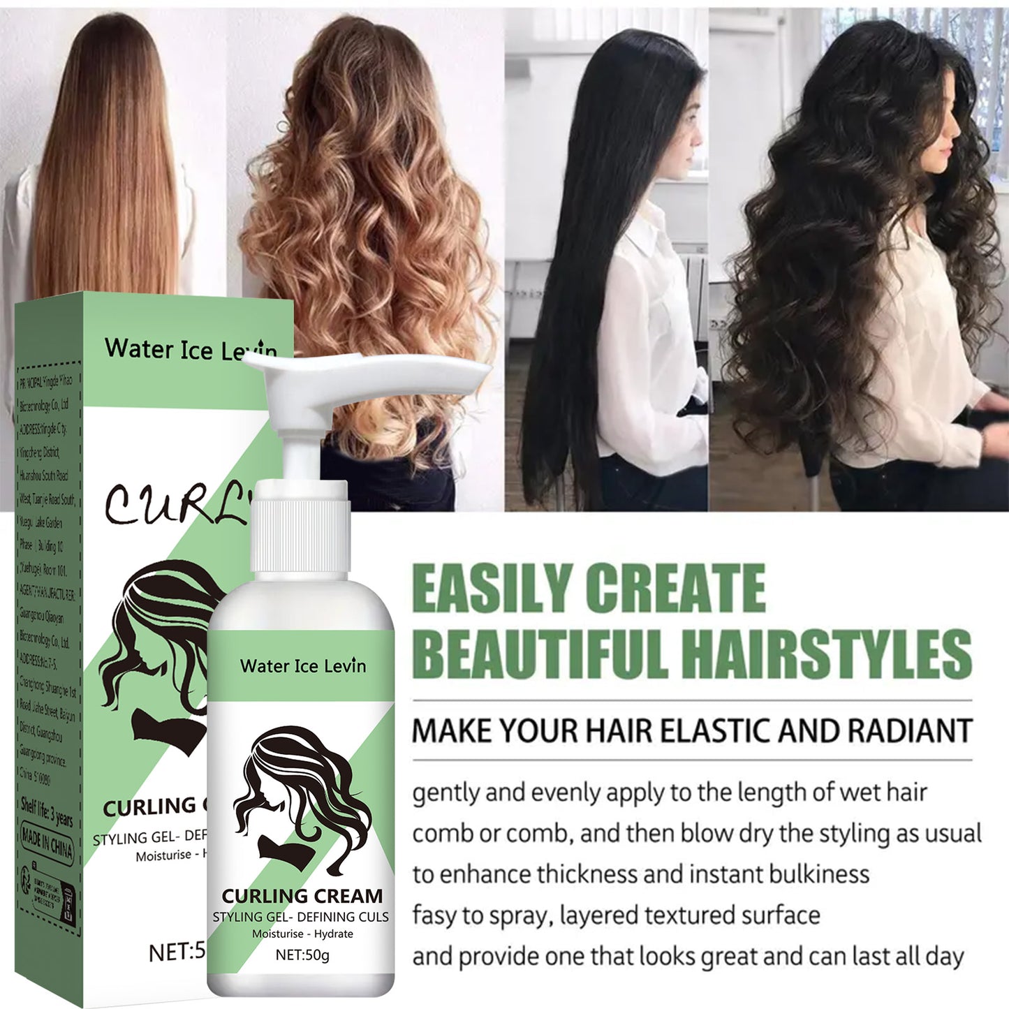 Easy-to-Set Curly Hair Styling Cream, Moisturizing, Enhances Elasticity and Shine