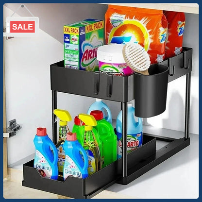 Space-Saving Under Sink Organizer Sliding Cabinet Basket with Hooks, Hanging Cup for Bathroom and Kitchen
