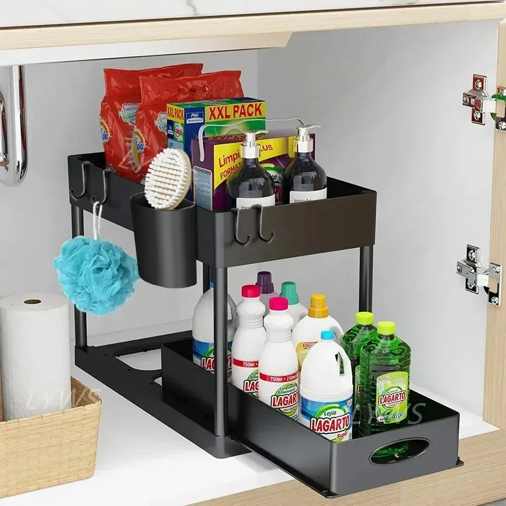 SpaceSaving Under Sink Organizer Sliding Cabinet Basket With Hooks Hanging Cup For Bathroom And Kit 2