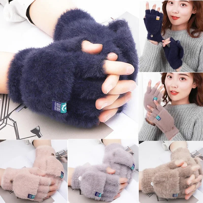 Plush Finger less Gloves for Women, Winter Mitten, Soft Warm Flip Gloves, Cold Protection for Students