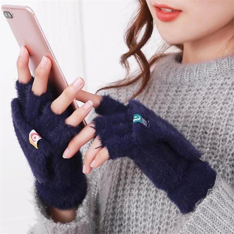 Plush Finger Less Gloves For Women Winter Mitten Soft Warm Flip Gloves Cold Protection For Students 1