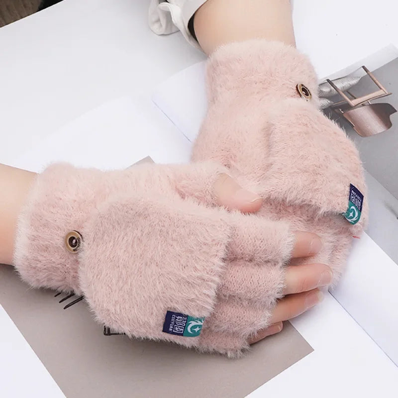 Plush Finger Less Gloves For Women Winter Mitten Soft Warm Flip Gloves Cold Protection For Students 2