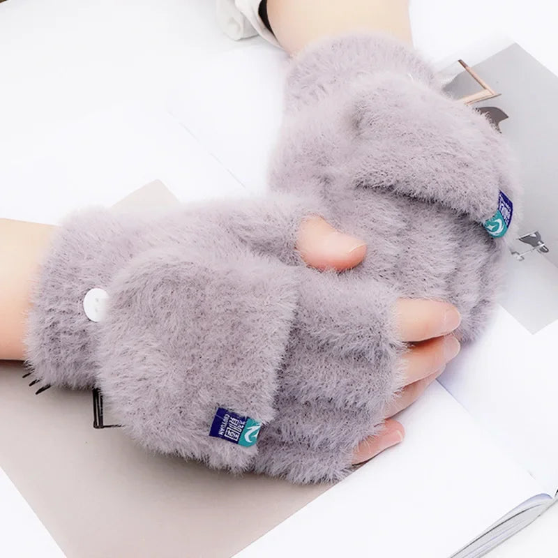 Plush Finger Less Gloves For Women Winter Mitten Soft Warm Flip Gloves Cold Protection For Students 4