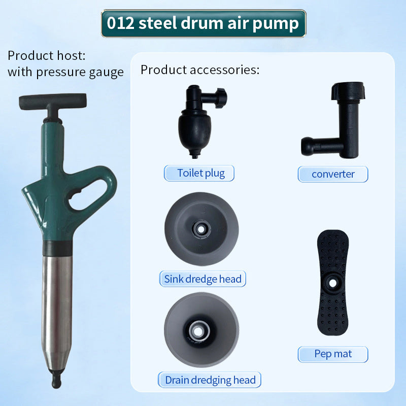 Stainless Steel Toilet Pipe Dredger, Pneumatic High-pressure Dredging Tool Set, Thickened Wall Cylinder