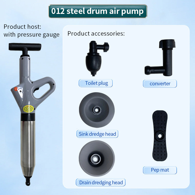 Stainless Steel Toilet Pipe Dredger, Pneumatic High-pressure Dredging Tool Set, Thickened Wall Cylinder