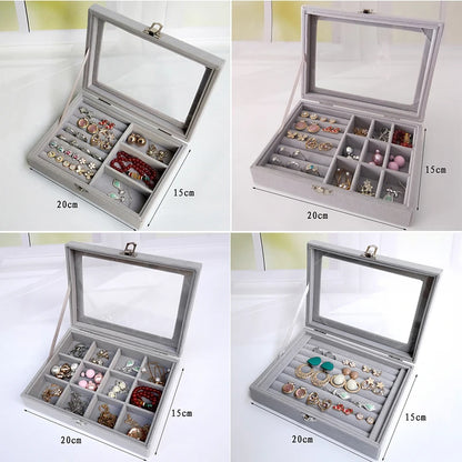 Display Organizer Box for Jewelry, Velvet & Glass Tray Holder Case for Rings & Earrings