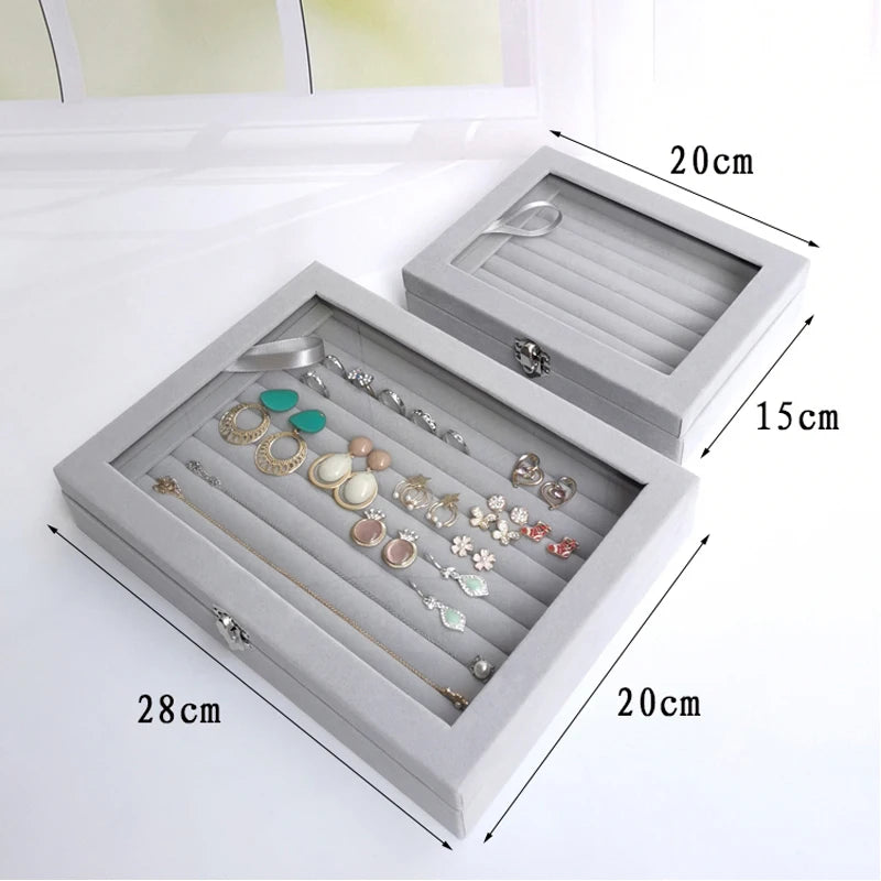 Display Organizer Box For Jewelry Velvet  Glass Tray Holder Case For Rings  Earrings 3