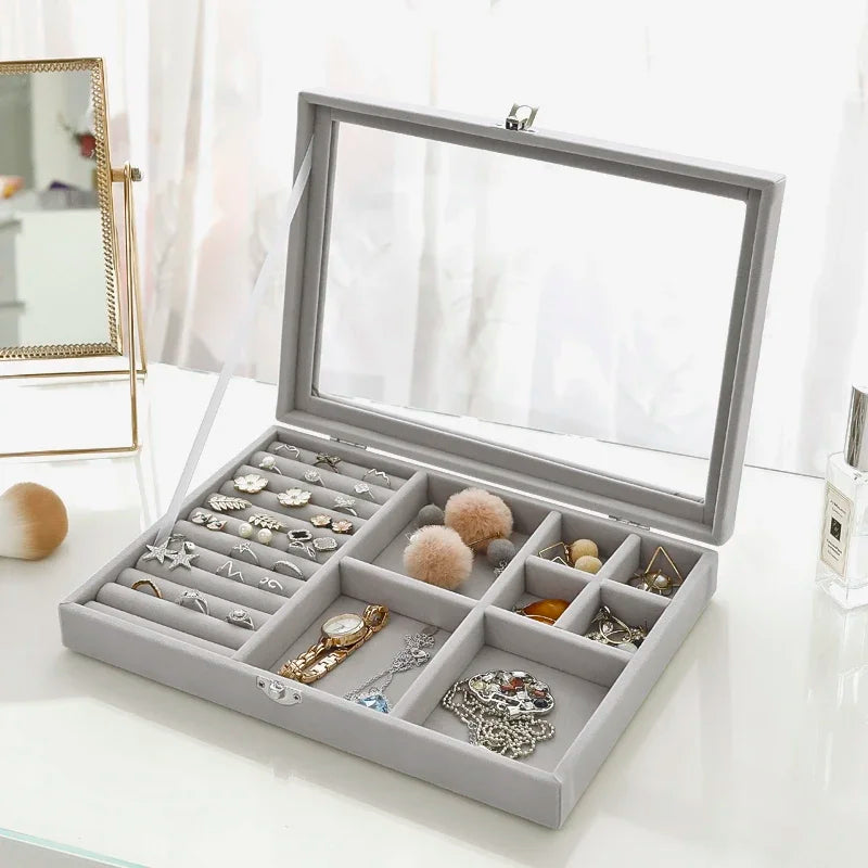 Display Organizer Box For Jewelry Velvet  Glass Tray Holder Case For Rings  Earrings 4