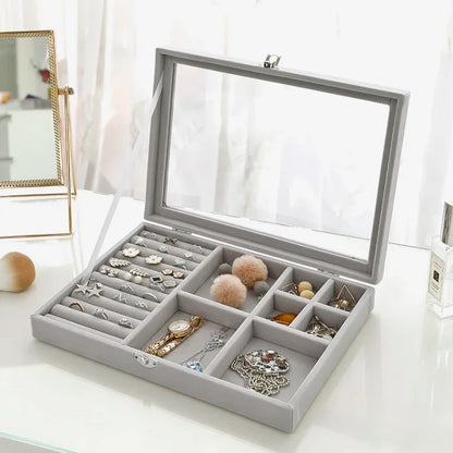 Display Organizer Box For Jewelry Velvet  Glass Tray Holder Case For Rings  Earrings 4