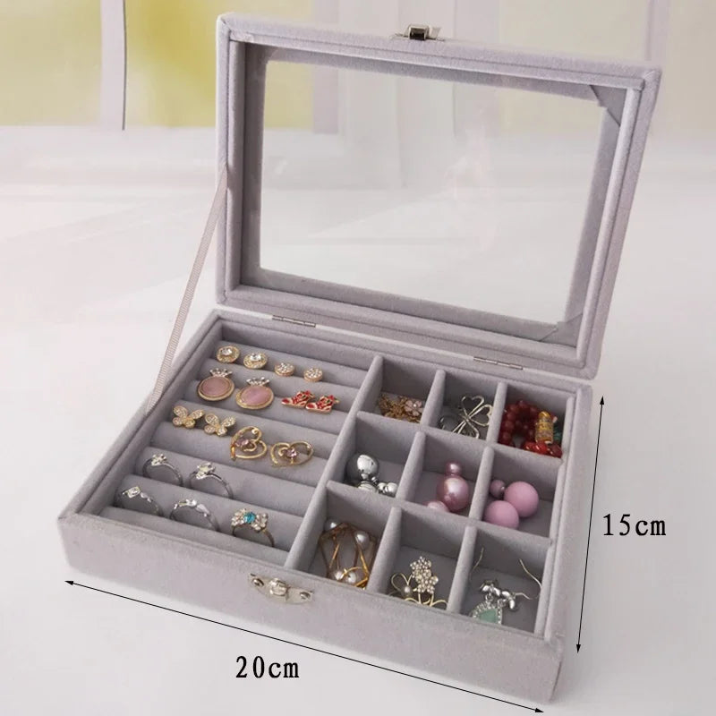 Display Organizer Box For Jewelry Velvet  Glass Tray Holder Case For Rings  Earrings 6