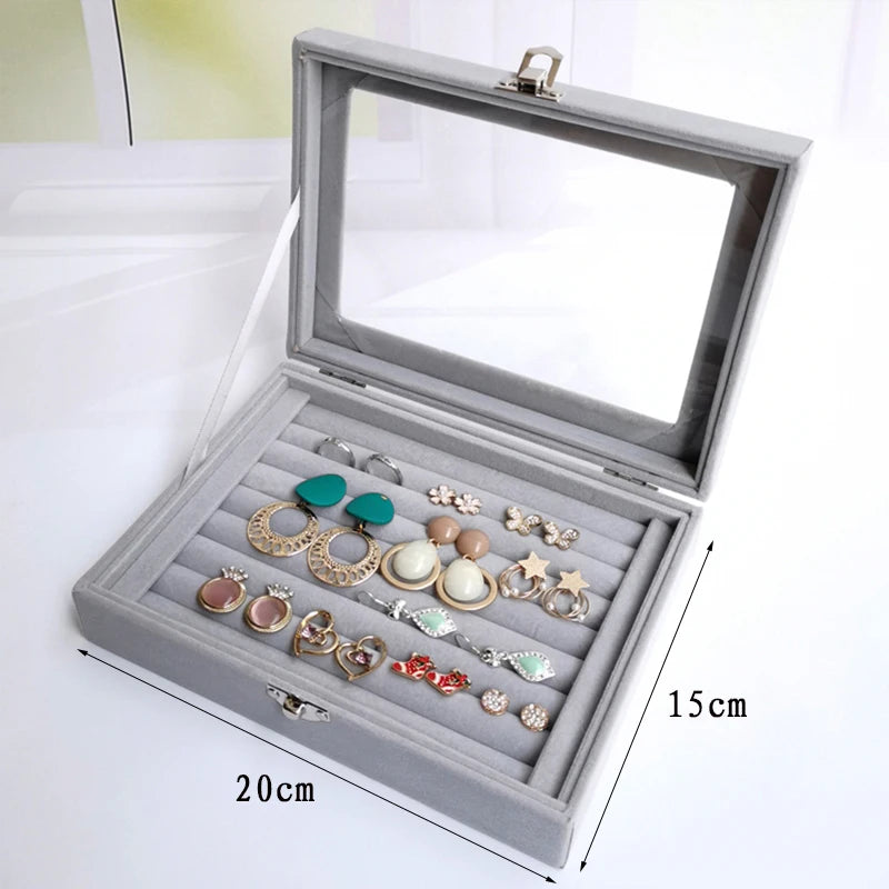 Display Organizer Box For Jewelry Velvet  Glass Tray Holder Case For Rings  Earrings 7