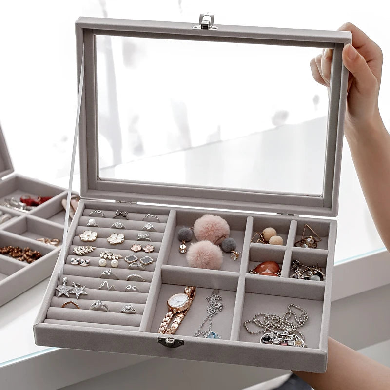 Display Organizer Box For Jewelry Velvet  Glass Tray Holder Case For Rings  Earrings 5