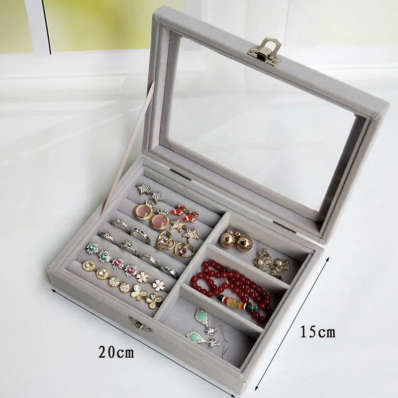 Display Organizer Box For Jewelry Velvet  Glass Tray Holder Case For Rings  Earrings 10