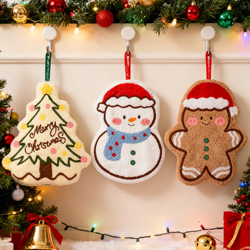 Cartoon Gingerbread Man Snowman Christmas Hand Towel Coral Fleece Towel for Kitchen Bathroom Holiday Gifts