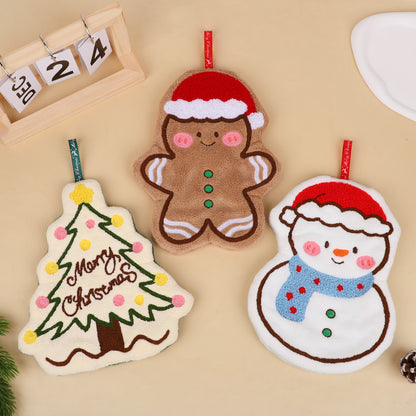 Cartoon Gingerbread Man Snowman Christmas Hand Towel Coral Fleece Towel for Kitchen Bathroom Holiday Gifts