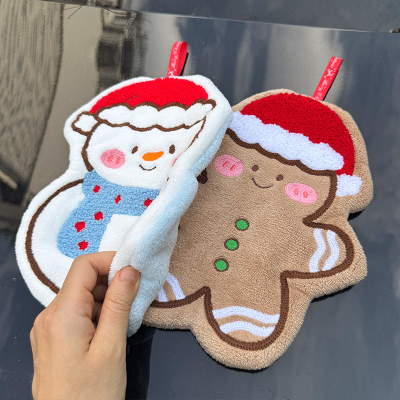 Cartoon Gingerbread Man Snowman Christmas Hand Towel Coral Fleece Towel for Kitchen Bathroom Holiday Gifts