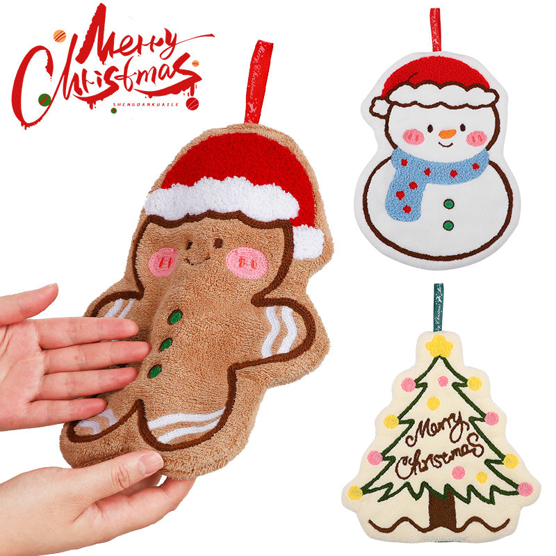 Cartoon Gingerbread Man Snowman Christmas Hand Towel Coral Fleece Towel for Kitchen Bathroom Holiday Gifts