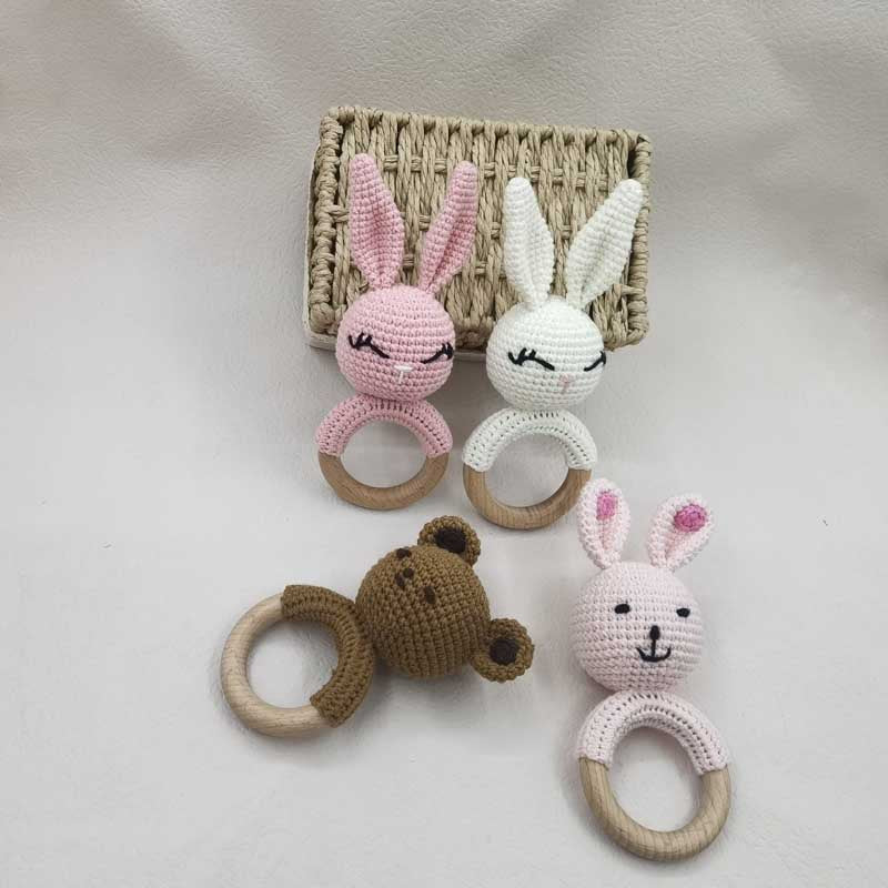 Baby Teether Music Rattles For Kids Animal Crochet Rattle Rabbit Bear Ring Wooden Babies Gym Montes 1
