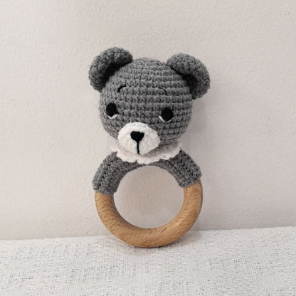 Baby Teether Music Rattles For Kids Animal Crochet Rattle Rabbit Bear Ring Wooden Babies Gym Montes 17