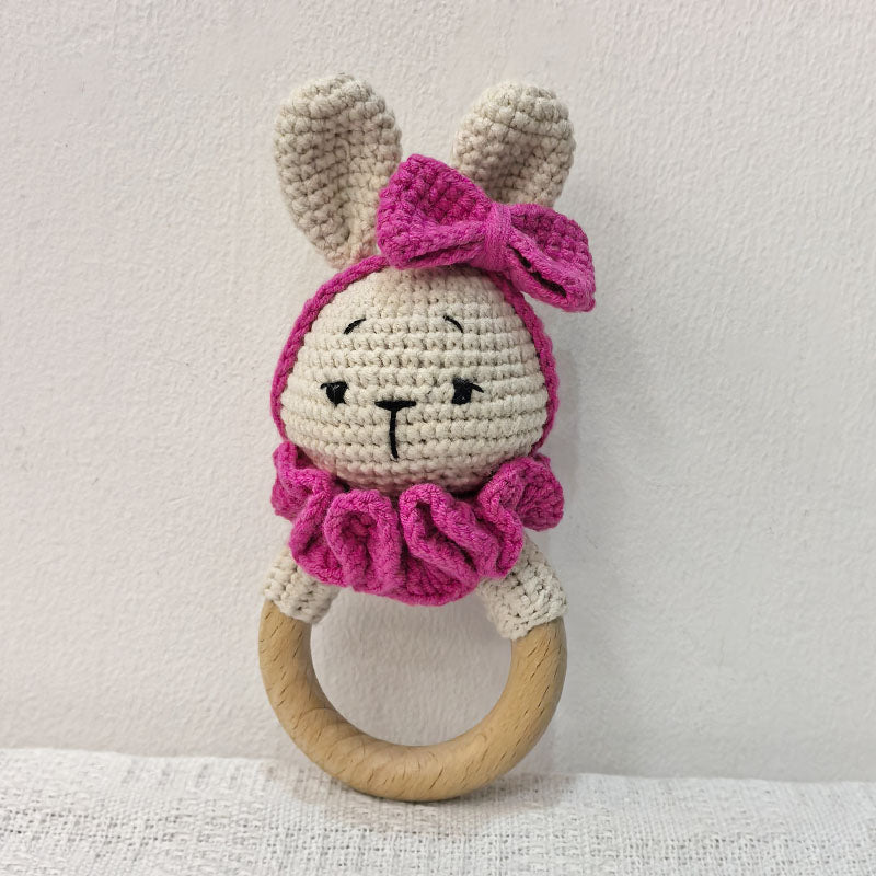 Baby Teether Music Rattles For Kids Animal Crochet Rattle Rabbit Bear Ring Wooden Babies Gym Montes 19