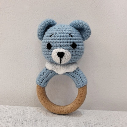 Baby Teether Music Rattles For Kids Animal Crochet Rattle Rabbit Bear Ring Wooden Babies Gym Montes 22
