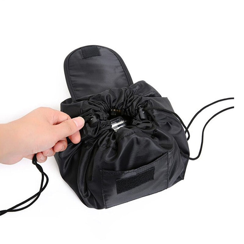 Drawstring Elastic Makeup Storage Bag Women Portable Travel Black Large Capacity Handbag 3