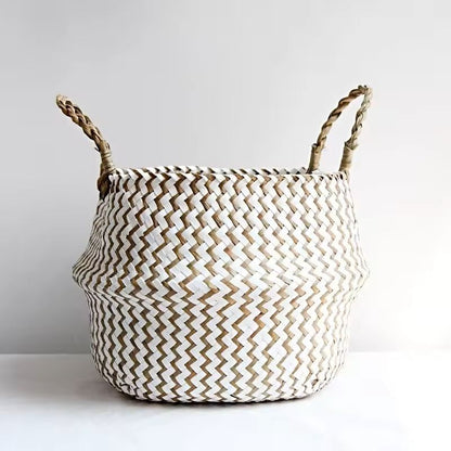 Boho Wicker Storage Basket  Handmade Collapsible Seaweed Laundry  Flower Pot Basket 3