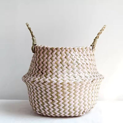 Boho Wicker Storage Basket  Handmade Collapsible Seaweed Laundry  Flower Pot Basket 4