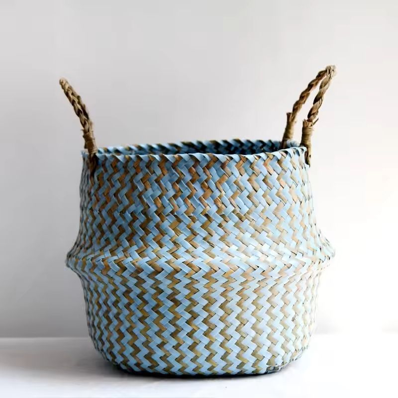 Boho Wicker Storage Basket  Handmade Collapsible Seaweed Laundry  Flower Pot Basket 6