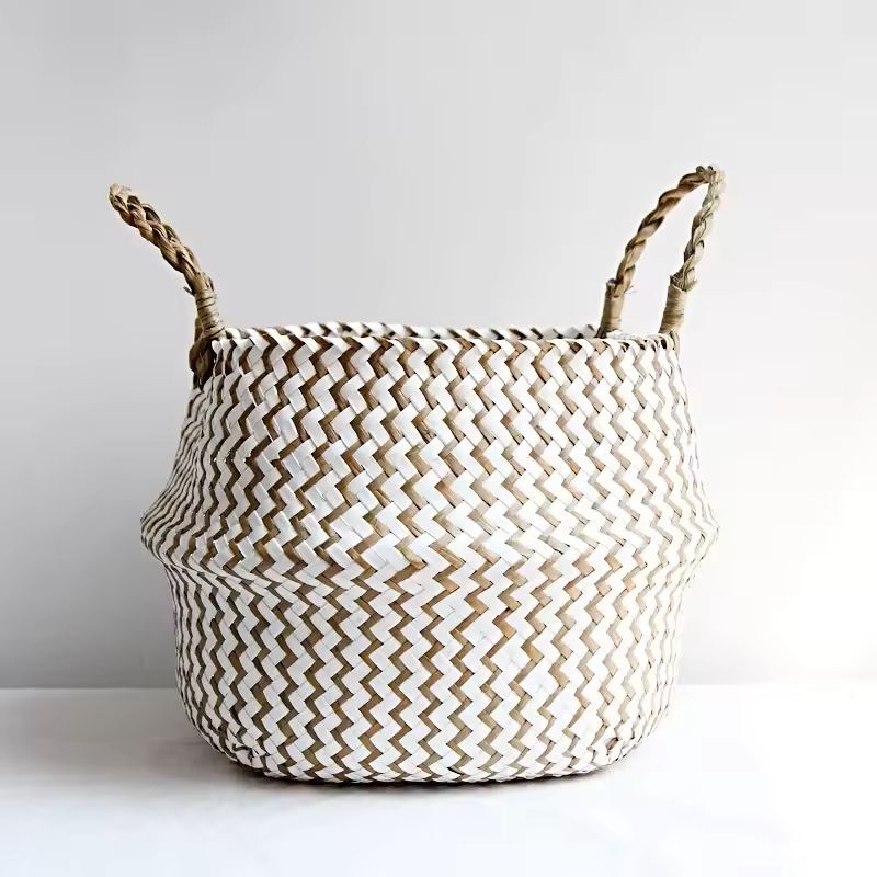 Boho Wicker Storage Basket  Handmade Collapsible Seaweed Laundry  Flower Pot Basket 7