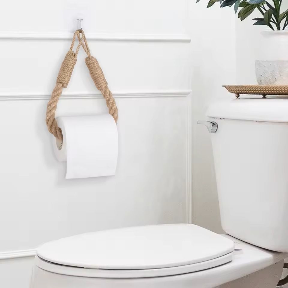 Hemp Rope & Wood Wall-Mounted Tissue Holder – Rustic Bathroom Toilet Paper Rack & Storage Organizer