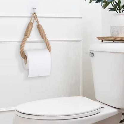 Hemp Rope & Wood Wall-Mounted Tissue Holder – Rustic Bathroom Toilet Paper Rack & Storage Organizer