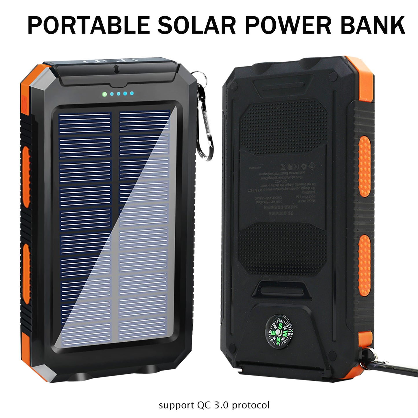 Waterproof Solar Power Bank  Dual 5V USB Ports With LED Flashlight Compass For Outdoor Use 1